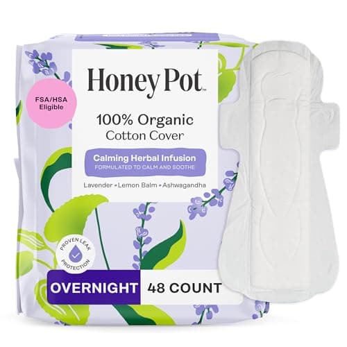Honey Pot Calming Overnight Sanitary Pads for Women 100 Organic Cotton Top Sheet Feminine Care Non Cooling Calming Herbs of Lavender Ashwagandha Lemon Balm 48ct