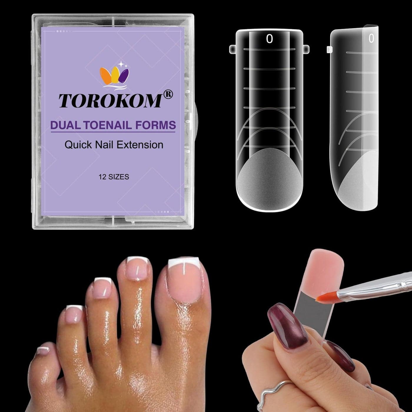 TOROKOM Poly Gel Nail Forms for Toes Long Square Dual Forms Toe Pedi Nail Extension Reusable Toe Nail Tips Mold 120Pcs 12 Sizes