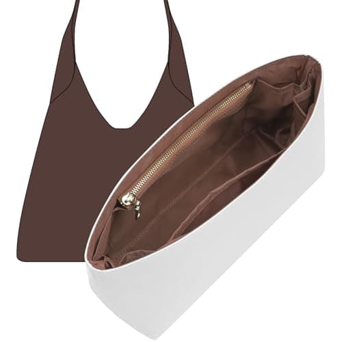 Doxo Purse Organizer Insert Compatible with Coach Brooklyn 28 Bag Insert, Soft Lightweight WaterResistant DupontPaper Divider for Tote Handbag Shaper, 7 Pockets with Zipper(White-Brown)