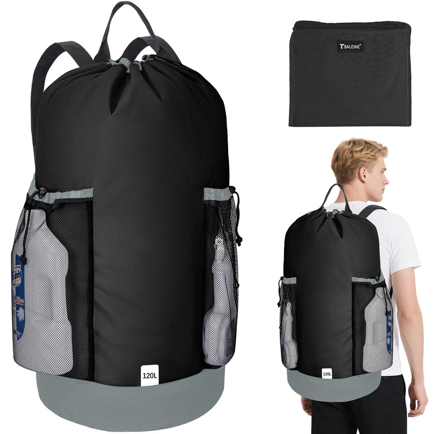 BALEINE 120L Laundry Bag Backpack 900D Oxford Fabric Large Travel Laundry Bags with Shoulder Straps and 2 Mesh Pockets for College Dorm Apartment Laundromat Black 120L