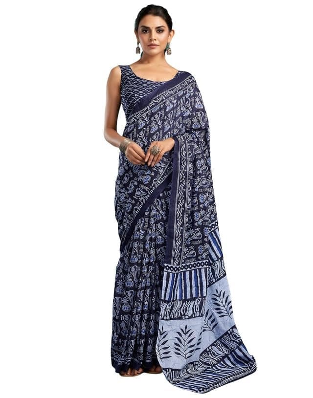 SIRIL Women's Cotton Blend Printed Ready to Wear Saree with Unstitched blouse Piece (3394S307A_Dark Blue)