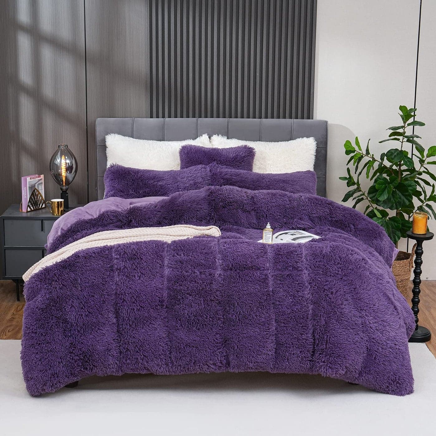 Fluffy Plush Purple Duvet Cover Set Queen Size Luxury Ultra Soft Velvet Fuzzy Comforter Cover Bed Sets 4 Pcs1 Faux Fur Duvet Cover 2 Pillow Cases 1 Pillow Cover Zipper Closure Queen Purple