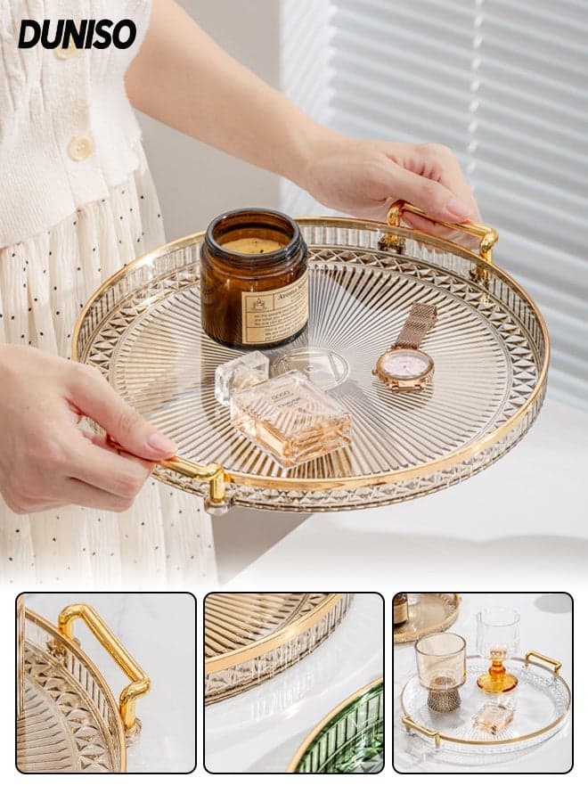 Round Serving Tray with Gold Handle,Golden Rim Border, Household Circular Storage Tray, Fruits Desserts Snacks Display Food Serving Tray, Tea Cup Tray, Suitable for Dressing Table, Living Room, Foyer, Bedroom, 30 * 27 * 3.5cm