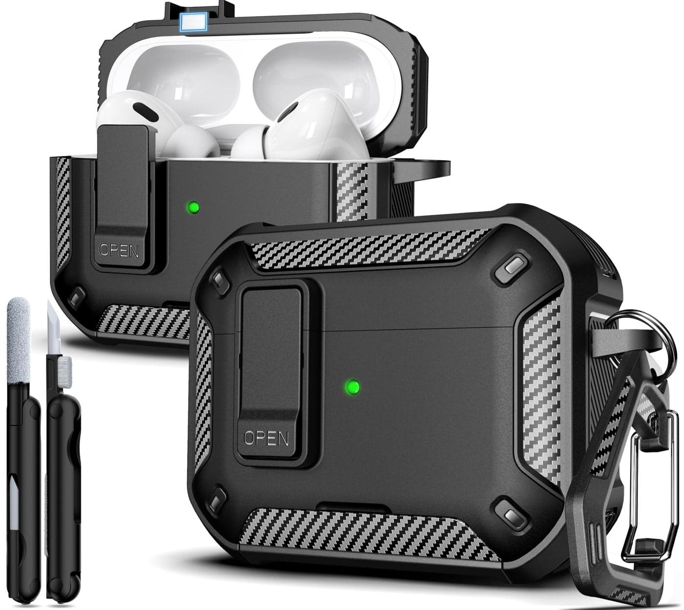 R-fun for AirPods Pro 2 Case with Cleaning Kit,Carbon Fiber Elements Military Drop Proof Auto Pop up Cover, Phone Stand and Magnetic Base with Carabiner Hook Compatible with AirPods Pro 2,Black