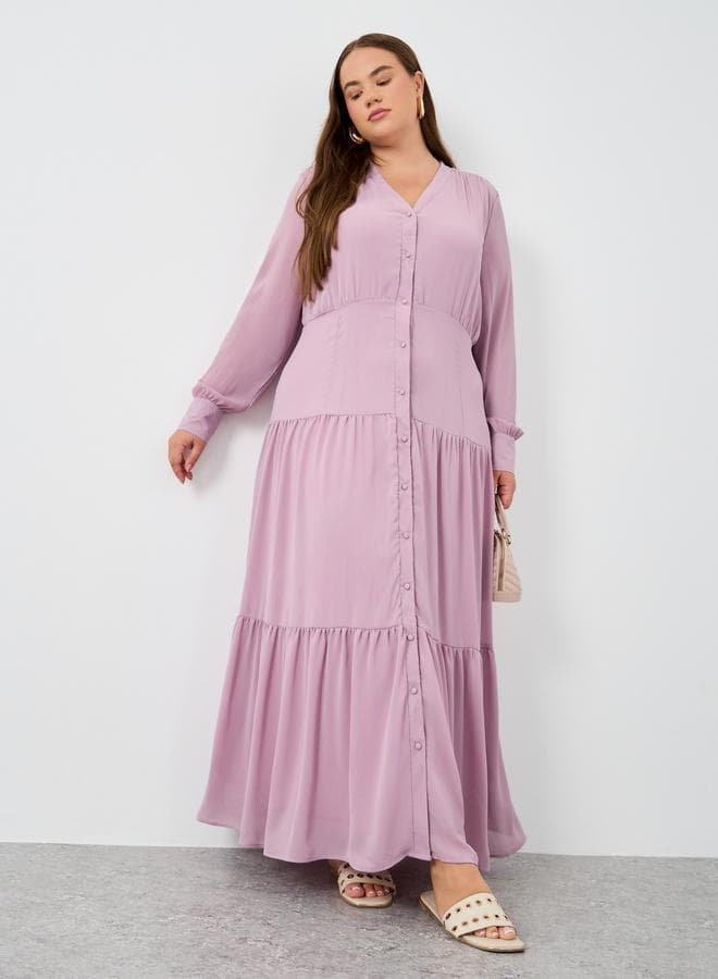 Plus Size Solid Balloon Sleeves Shirt Maxi Dress