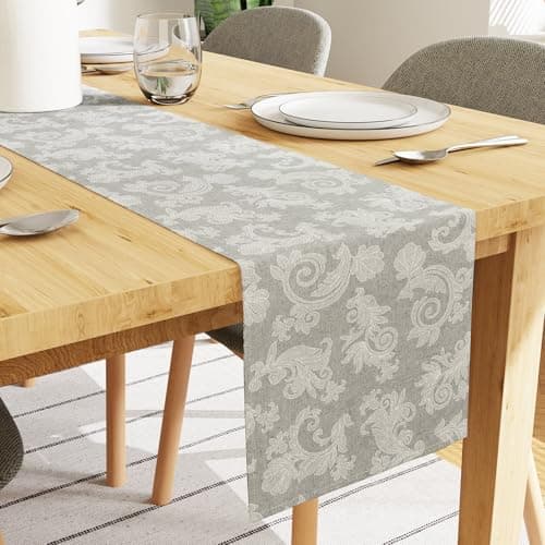 Encasa XO Dining Table Runner for 4 to 6 Seater I Size 13x72 Floral Grey Jacquard Style Print on Homespun Cotton Fast Colours Machine Washable