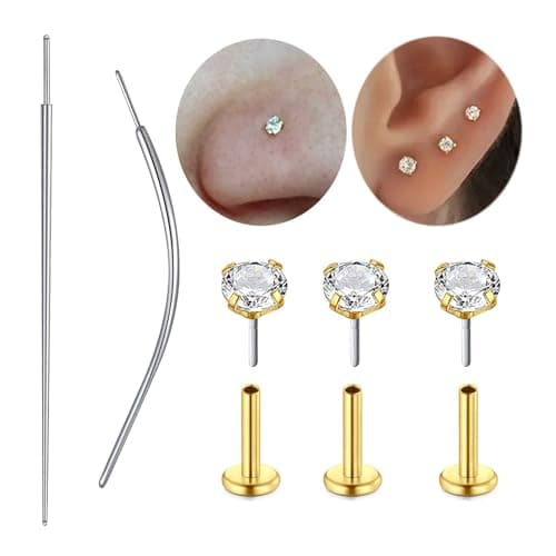 QWALIT 18g Threadless Nose Stud Flat Back Nose Studs Flatback Cartilage Earring Threadless Flat Back Earrings Push in Nose Rings with Backs Piercing Taper Insertion Tool Piercing Changing Tool