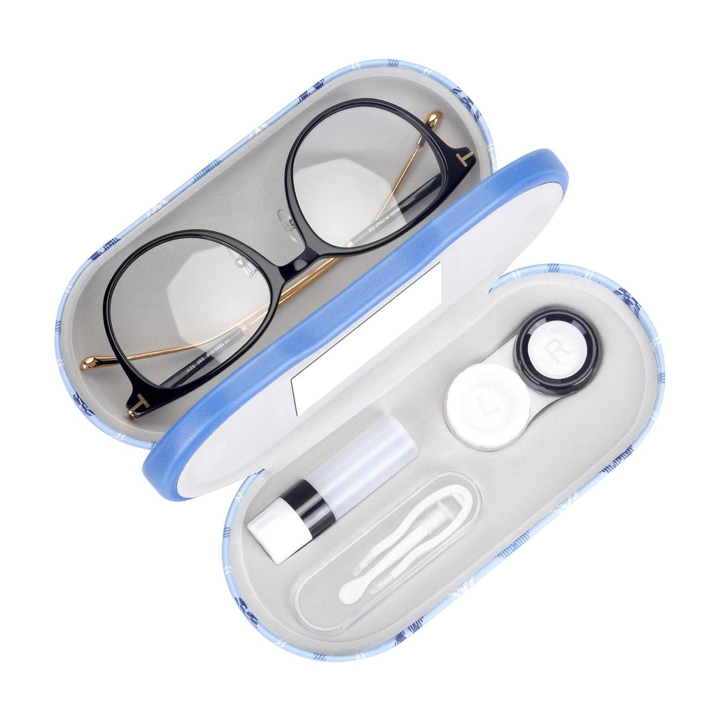 Muf 2 in 1 Contact Lens Case and Glasses Case Double Sided Design with Mirror Portable Travel Kit with Tweezer Remover and Solution Bottle Blue Plaid