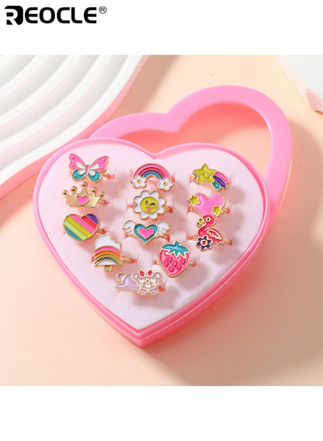 12PCS Kids' Multi-Themed Ring Set Heart-Shaped Case with Playful Charms Casual Daily Wear Accessory Set