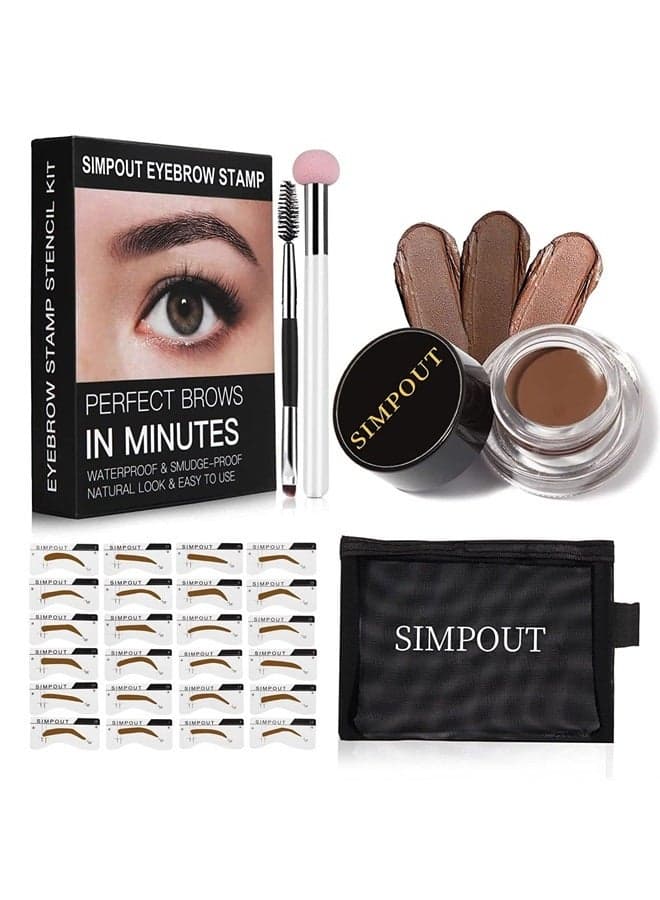Eyebrow Stamp Stencil Kit for Beginner - Simpout Eye Brow Stamping Kit, Eyebrow Stamp Trio Kit, 29 Brow Stencils, Brow Eyebrow Kit with Sponge Applicator, Waterproof Eyebrow Kit (E04 Chocolate)