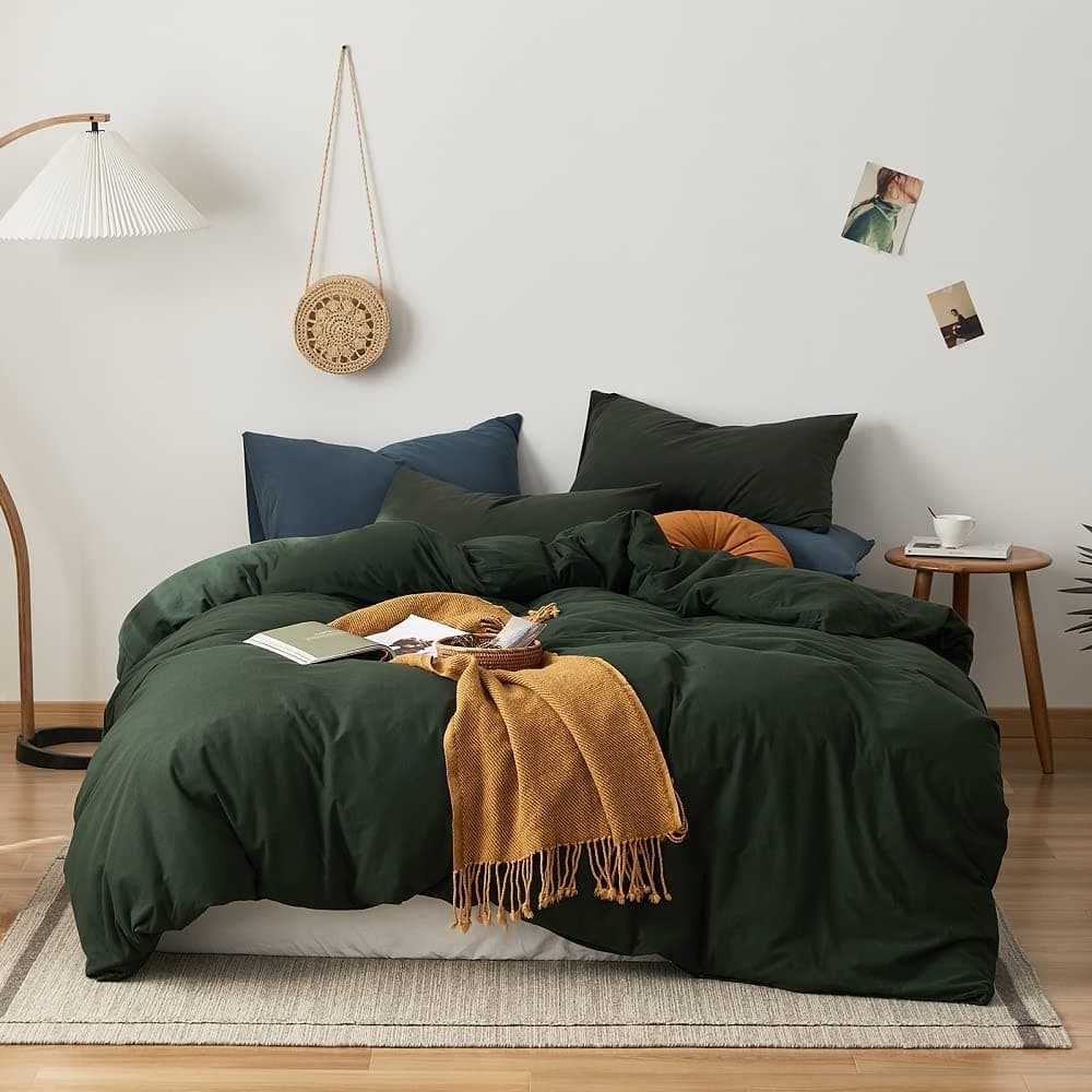 AMWAN Dark Green Duvet Cover 100 Jersey Knit Cotton Duvet Cover King Olive Green Comforter Cover Luxury Soft T Shirt Cotton Bedding Set Simple Style Solid Green Bedding Quilt Cover with 2 Pillowcases