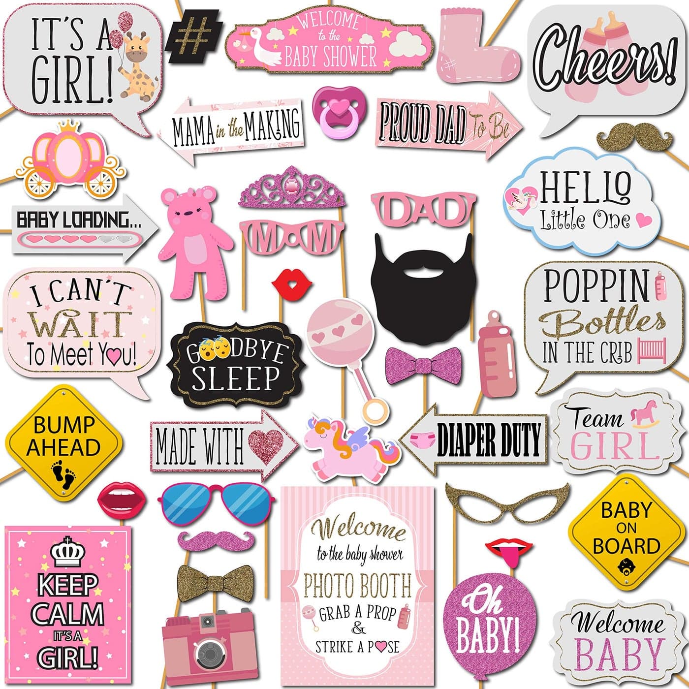 Girl Baby Shower Photo Booth Props 41pc Photobooth Kit with 8 x 10Inch Sign 60 Adhesive Pads 45 Sticks Baby Photo Booth Props Girl Photo Props for Baby Shower
