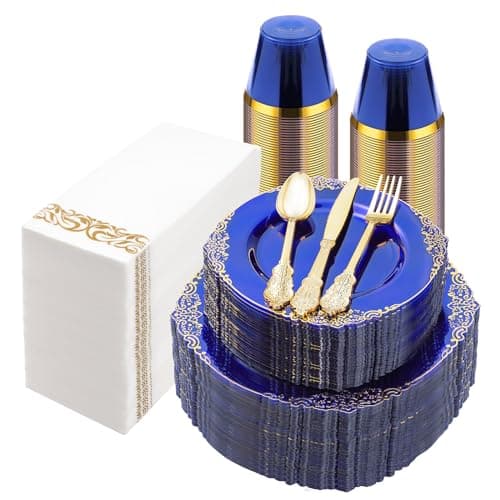 Bestluck 350PCS Clear Blue Plastic Plates for 50 Guests Disposable Plates with Gold Trim include 50 Dinner and Dessert Plates 150 Gold Silverware 50 Cups 50 Napkins for Party Wedding Graduation