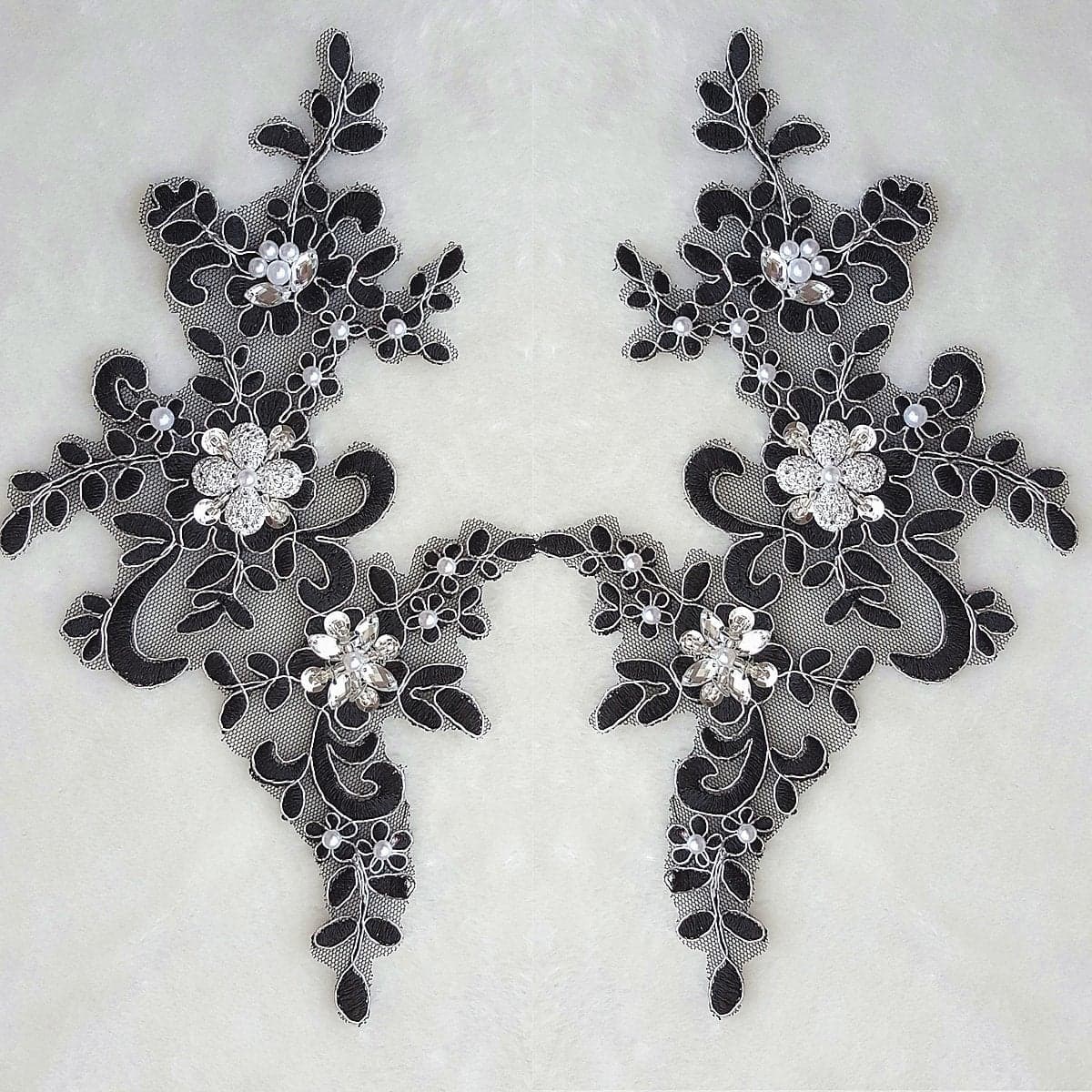 1 Pair Fine Lace Fabric Patches Embroidered Trim Applique Decor Dress Decoration Black Silver