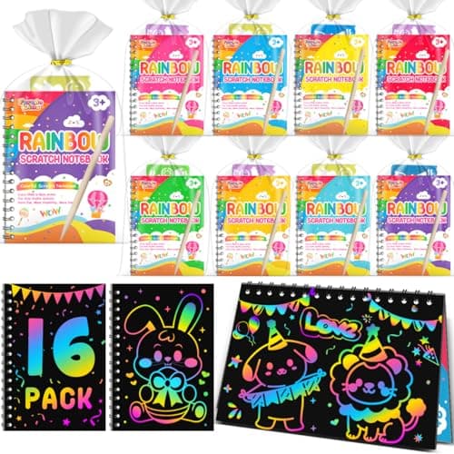 FEREDO KIDS Scratch Paper Art Party Favors for Kids 16 Pack Rainbow Scratch Notebook Goodie Bags Stuffers Coloring Books Party Favors for Kids 312 Bulk Classroom Birthday Gifts for Student