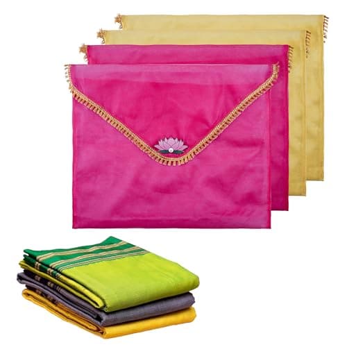 Kuber Industries 4 Pcs Double Layer Organza Saree Covers for Gifting with Flower Flap Closure | Wedding Saree Cover | Single Saree/Suit Packing Shagun Cloth Cover | Golden Lace - Pink & Gold