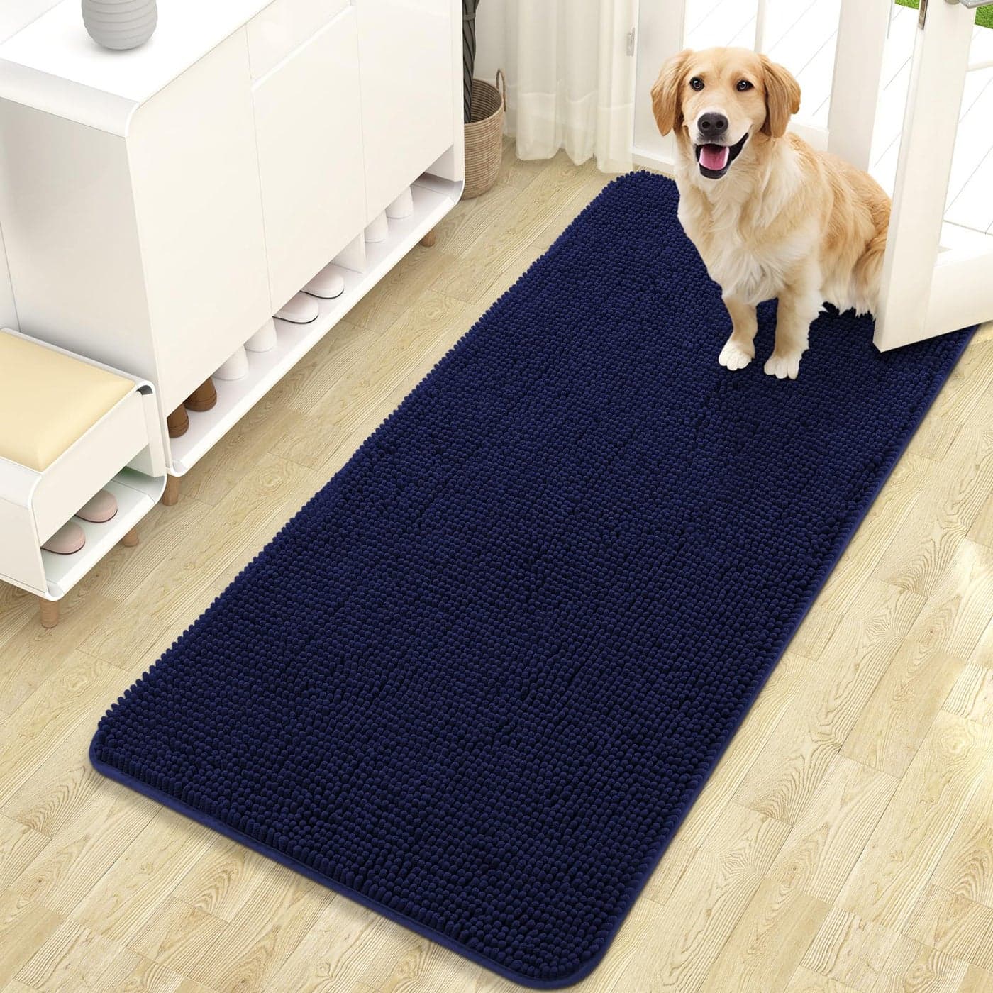 OLANLY Dog Door Mat for Muddy Paws 47x24 Absorbs Moisture and Dirt Absorbent NonSlip Washable Doormat Quick Dry Chenille Mud Mat for Dogs Entry Indoor Entryway Carpet for Inside Floor Navy Blue