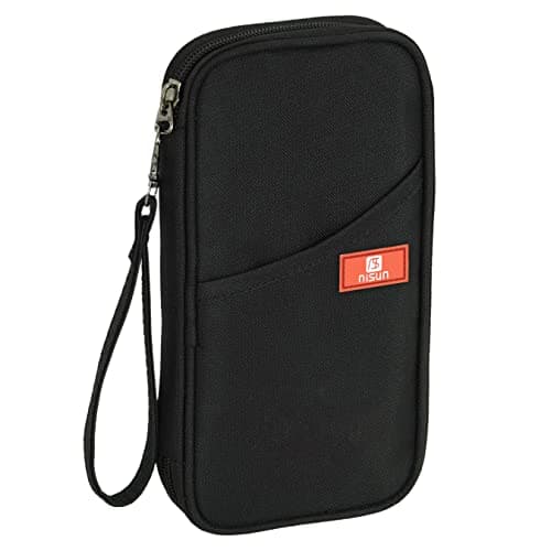 NISUN Nylon Passport Holder Wallet – Travel Document Organizer, Family Card Holder with Detachable Hand Strap (Black, 23 x 12 x 3 cm)