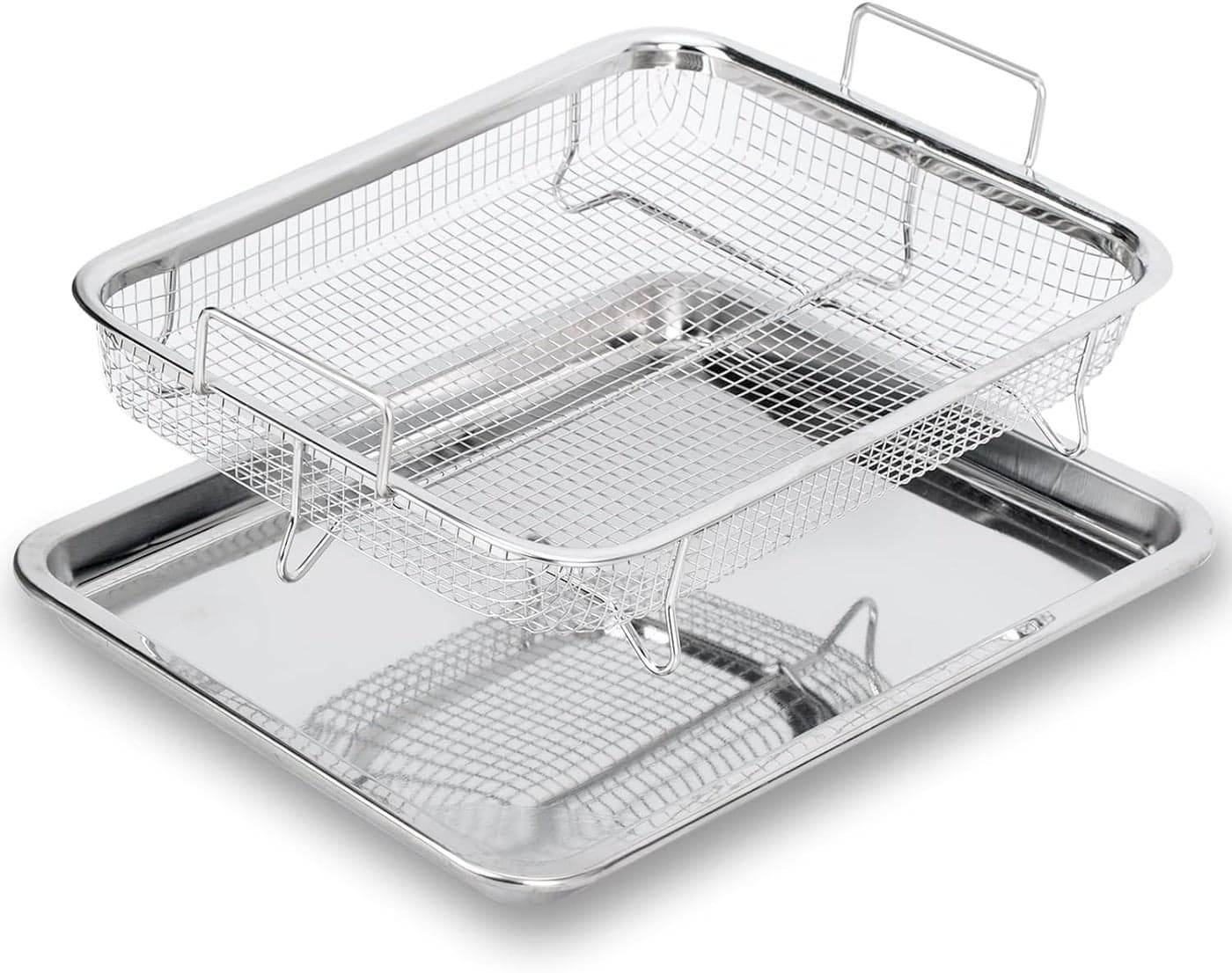 Bhajanshree 2 Pcs Air Fryer Basket with Tray for Oven Stainless Steel Crisper NonStick Mesh Set Roasting French FriesChicken Crispy Foods Healthy Cooking Large Fry NonStickDishwasher Safe Combo