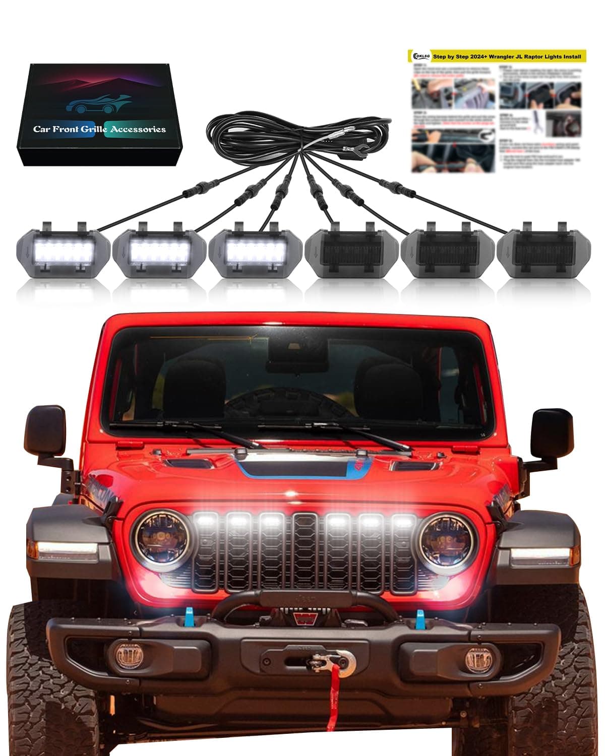 OKLSG LED Grill Lights for Jeep Wrangler JL JLU 2024 2025 Grille Lights Wrangler JL Accessories Front Grille Trims White