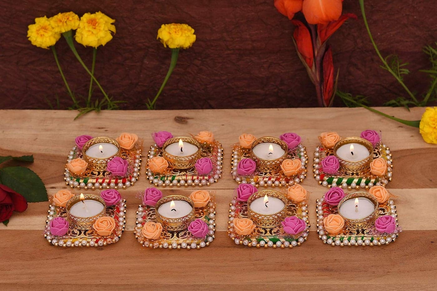Collectible India Cast Iron Flower Design Tealight Candle Holder, Pack of 8