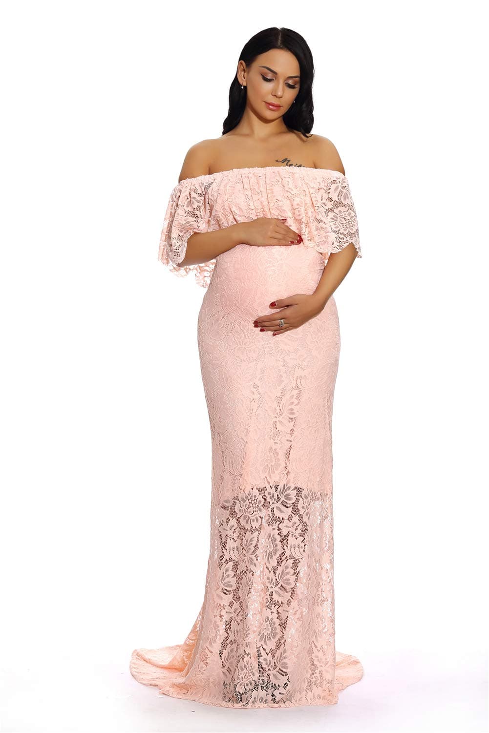 ZIUMUDY Women's Off Shoulder Ruffles Lace Maternity Gown Maxi Photography Baby Shower Dress (Medium, Pink)