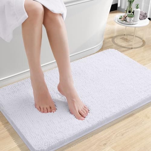 OLANLY Bathroom Rugs 24x16, Extra Soft Absorbent Chenille Bath Rugs, Rubber Backing Quick Dry, Machine Washable Bath Mats for Bathroom Floor, Tub and Shower, Home Decor Accessories, White