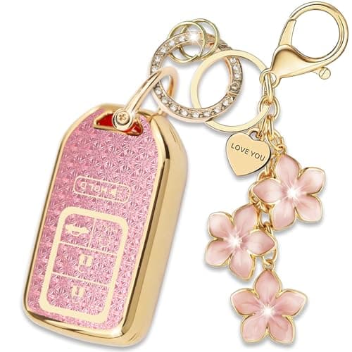 Yekoubo Pink TPU Key Fob Cover with Sakura Flower Keychain Compatible with Honda Accord Civic CRV Pilot Passport Insight CRZ HRV Fit JED Spirior Odyssey Ridgeline 5Button Smart Key for Women
