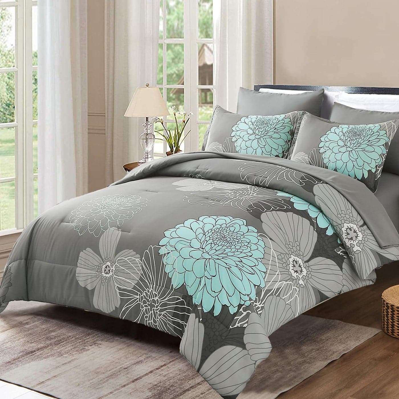 Yiran California King Comforter Set Grey Floral Comforter for All Season Cal King Soft Microfiber Bedding Set7 Pieces104x96