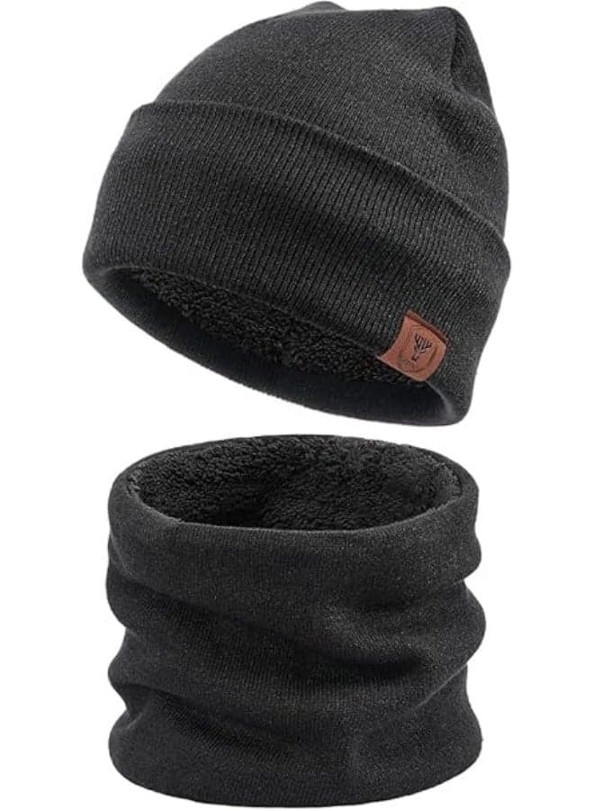 Winter Beanie Hat & Scarf Set, Warm Fleece Lined Thick Knit Unisex, Stretchy Non-Slip, Classic Black for Winter Outdoor & Daily Wear
