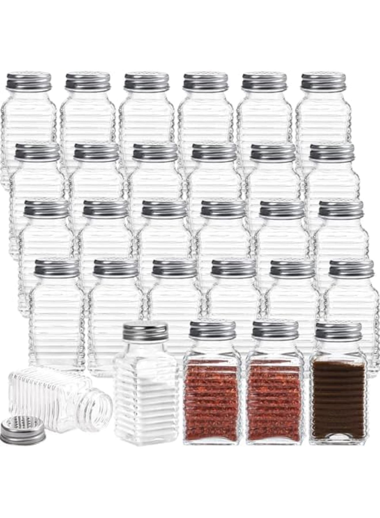 30 Pack Glass Salt and Pepper Shakers Set - 3.3oz Spice Jars with Stainless Steel Lids, Clear Refillable Shakers for Restaurants, Kitchens, Food Trucks & Home Use (3.2" x 1.5")