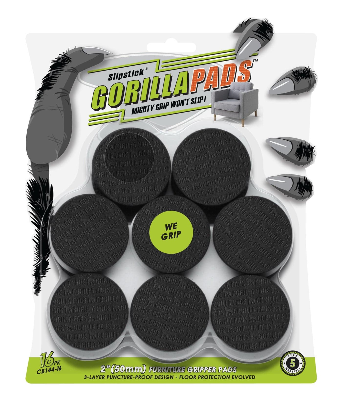 GorillaPads Non Slip Furniture PadsFloor Grippers Set of 16 Grips 2 Inch Round Floor Protectors for Under Furniture Black CB14416