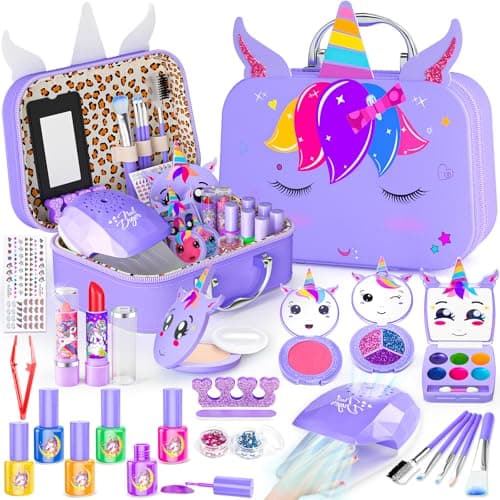 Mqsiuve Kids Makeup Kit for Girl 2 in 1 Kids Washable Makeup Toys Nail Art Kit with Nail Dryer and Storage Case Real Girl Makeup Set Birthday Gifts Toys for 3 12 Year Old Girls Purple