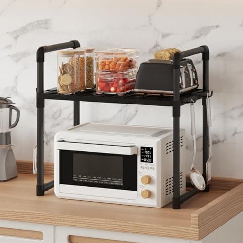 HOME CUBE 2 Tier Microwave Stand with Storage Shelves, Kitchen Countertop Organiser with Hooks, Kitchen Storage Rack, Baker's Rack, OTG Stand, Spice Organizer, Space Saving Organizer (50.5x27x51cm)