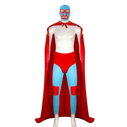 HLENOK Mexican Wrestler Costume Adult Men Cape with Mask Crazy Priest Red Long Cloak Halloween Party Cosplay Outfits (2X-Large)