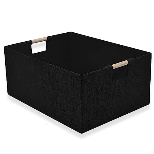 xianshengle Fabric Storage Basket for Shelves, Collapsible Storage Bins with wood Handles, Rectangle Closet Baskets, Wardrobe Organiser, for Sorting Clothes, Family Items (Black) (2)