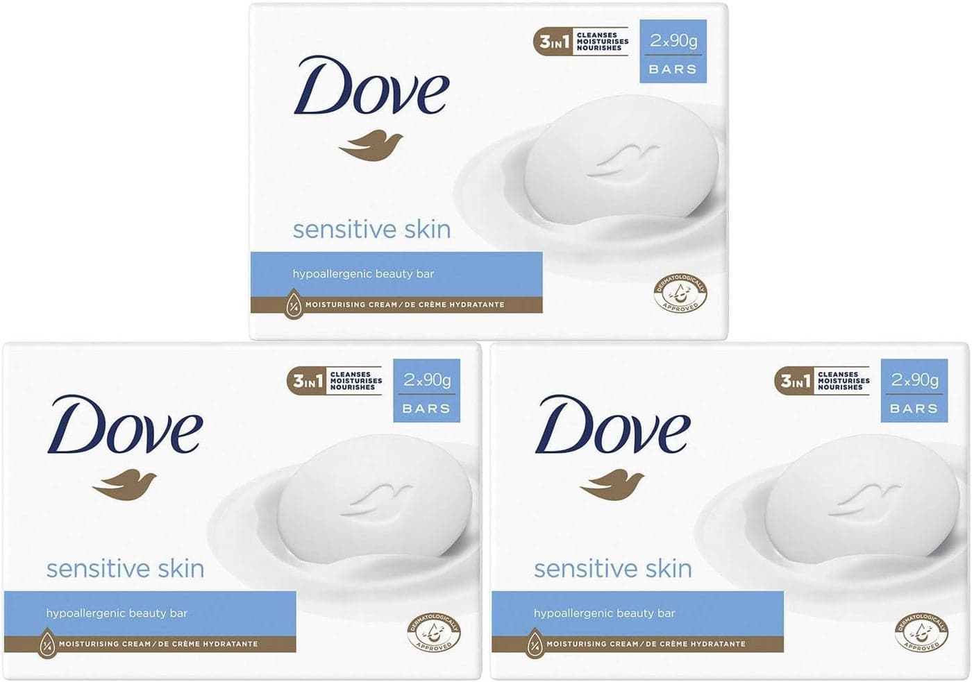 Dove Hypoallergenic Beauty Cream Bar 3 in1 Cleanses Moisturises and Nourishes SulphateFree Bath Soap for Soft and Smooth Skin Specially Made for Sensitive Skin 2x90g 3 Pack