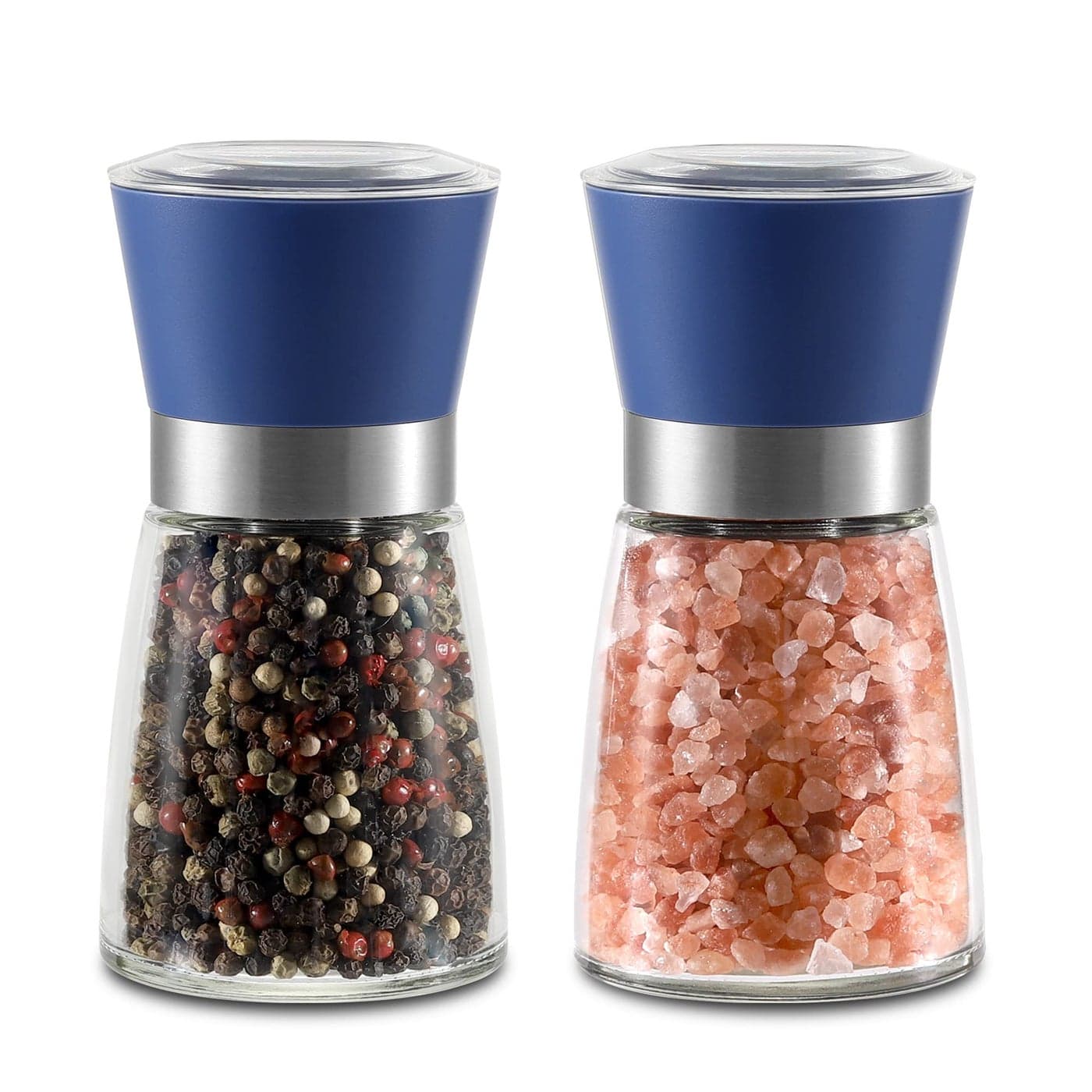 Vzaahu Salt and Pepper Grinder Set Blue Refillable Small Seasalt Peppercorn Shakers Adjustable Coarseness Ceramic Burr Premium Glass Peppermill Transparent Lid
