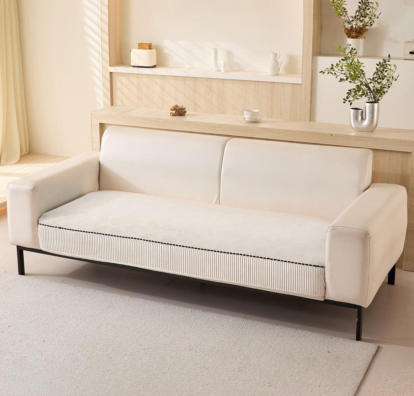 House of Quirk Sofa Cover Mat Autumn Pattern Chenille Fabric Seater Sofa Slipcover Anti-Slip Stretch Seat Pad from Pets Replacement Protector (Three Seater, Cream, 90x160cm)