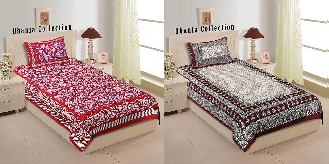 Ubania Collection Rajasthani Traditional 100% Cotton 2 Single Bedsheet with 2 Pillow Cover- Combo Pack of 2