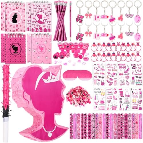 Spakon 113 Pcs Pink Piata Pink Birthday Party Supplies Piata Set 16 Mini Notebook 16 Pencil 16 Keychain 16 Silicone Bracelet 16 Hair Band 16 Sticker 16 Stamp Party Supplies Gifts