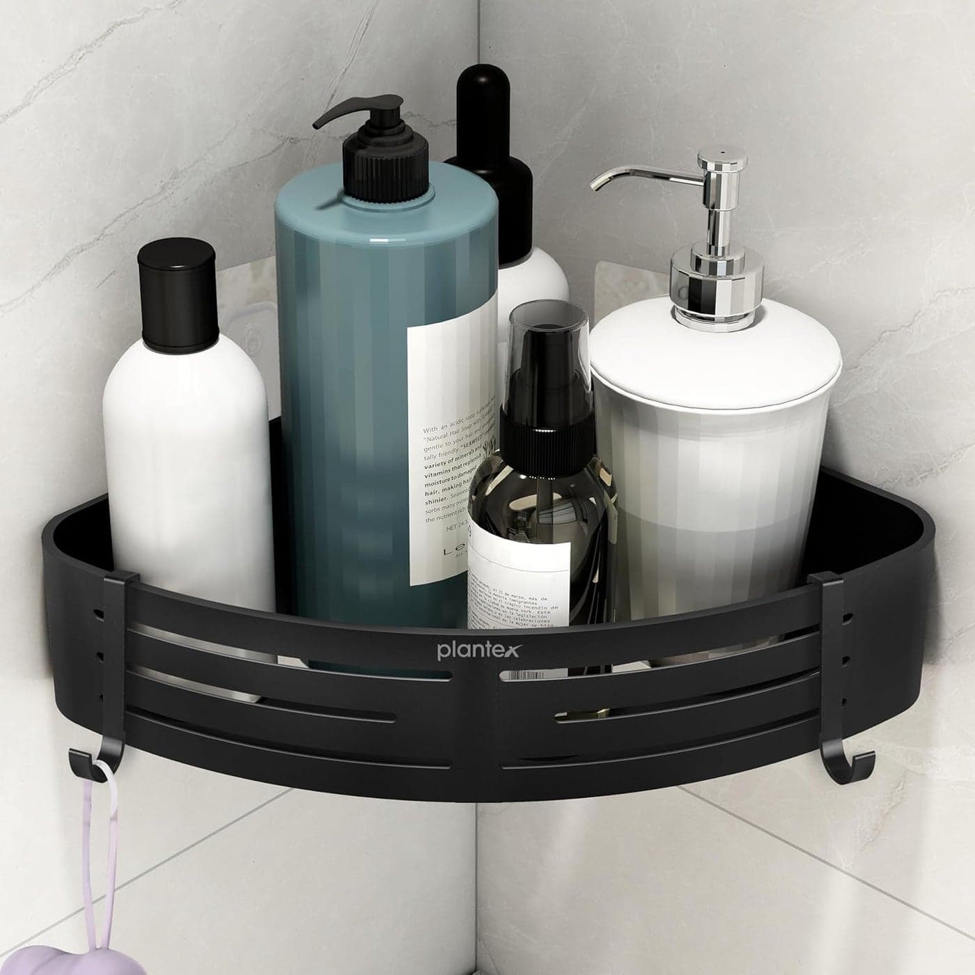 Plantex Adhesive Bathroom Corner Shelf for Wall/Aluminium Corner Rack for Kitchen Self Adhesive with Removable Hooks & Magic Stickers/Bathroom Accessories (9x9 inches, Matt Black)