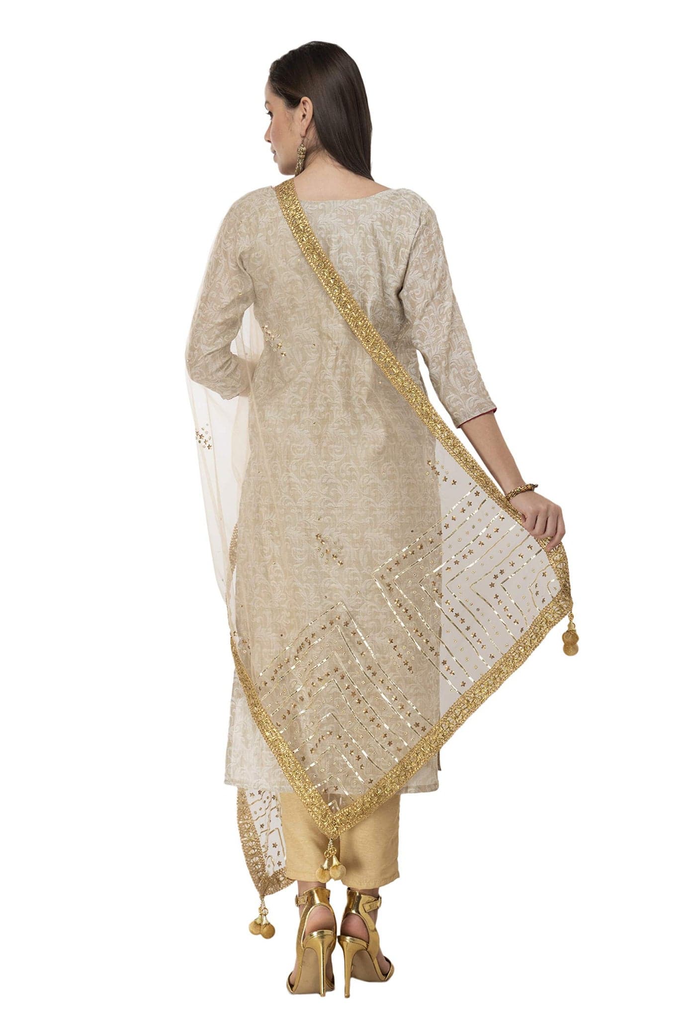 A R Silk Women's Stone Work with Golden Lace With Fancy Latkan Net Fancy Dupatta (ARS0299, Golden, Free Size)