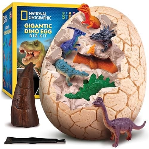 National Geographic Jumbo Dinosaur Egg Dig Kit - Excavate 12 Figures & Replica T. Rex Tooth from Giant 6" Brick, Dino Egg, Educational Science Kits, Gifts for Boys and Girls, Easter Basket Stuffers