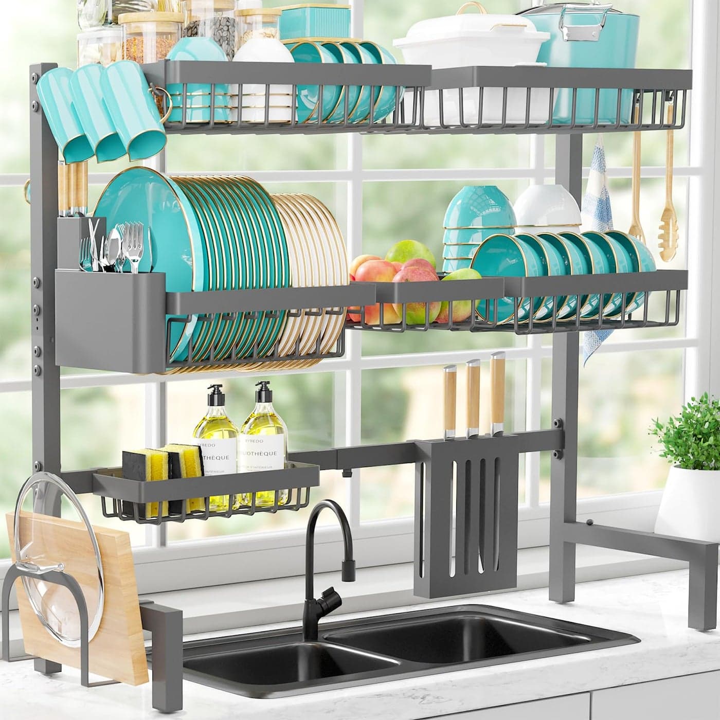 Sakugi Over The Sink Dish Drying Rack Adjustable 3 Tier XXLarge Capacity Stainless Steel Drainer with Cutlery Utensil Holders Kitchen Storage Organization 315395L x 12W x 305H Gray