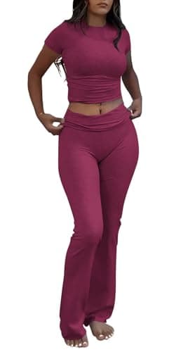 YETOWA Women's 2 Piece Lounge Outfits with Slim Short Sleeve Tops and Low Rise Flare Leggings Sets Versatile Yoga Fall Sweatsuit