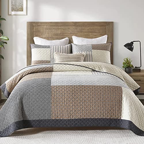 Finlonte Quilt King Size 100 Cotton Lightweight Soft King Quilt Real Patchwork Plaid Quilted Bedspread Brown Beige Gray Reversible Quilt Bedding Set 3 Pieces