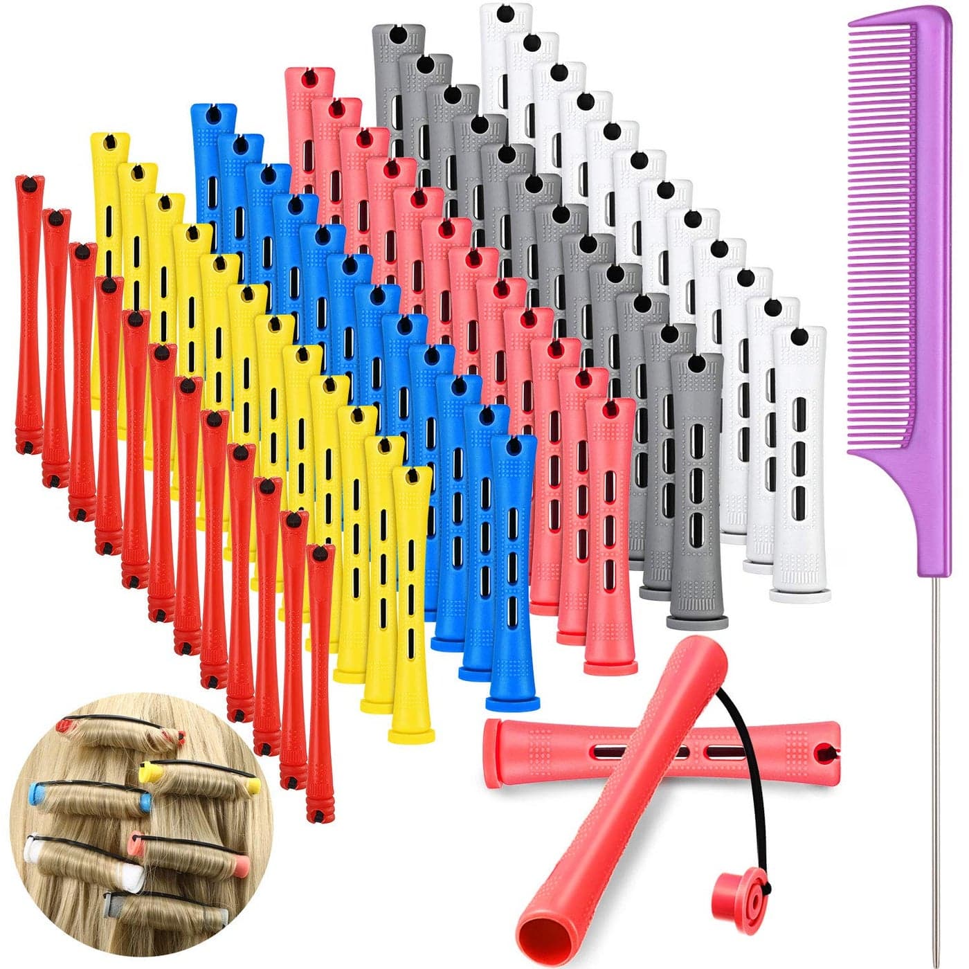 WILLBOND 72 Pieces Hair Perm Rods Set Short Plastic Perming Rods Cold Wave Rods 6 Sizes Hair Curling Rollers with 1 Piece Steel Pintail Hair Comb for Hairdressing Hair Styling