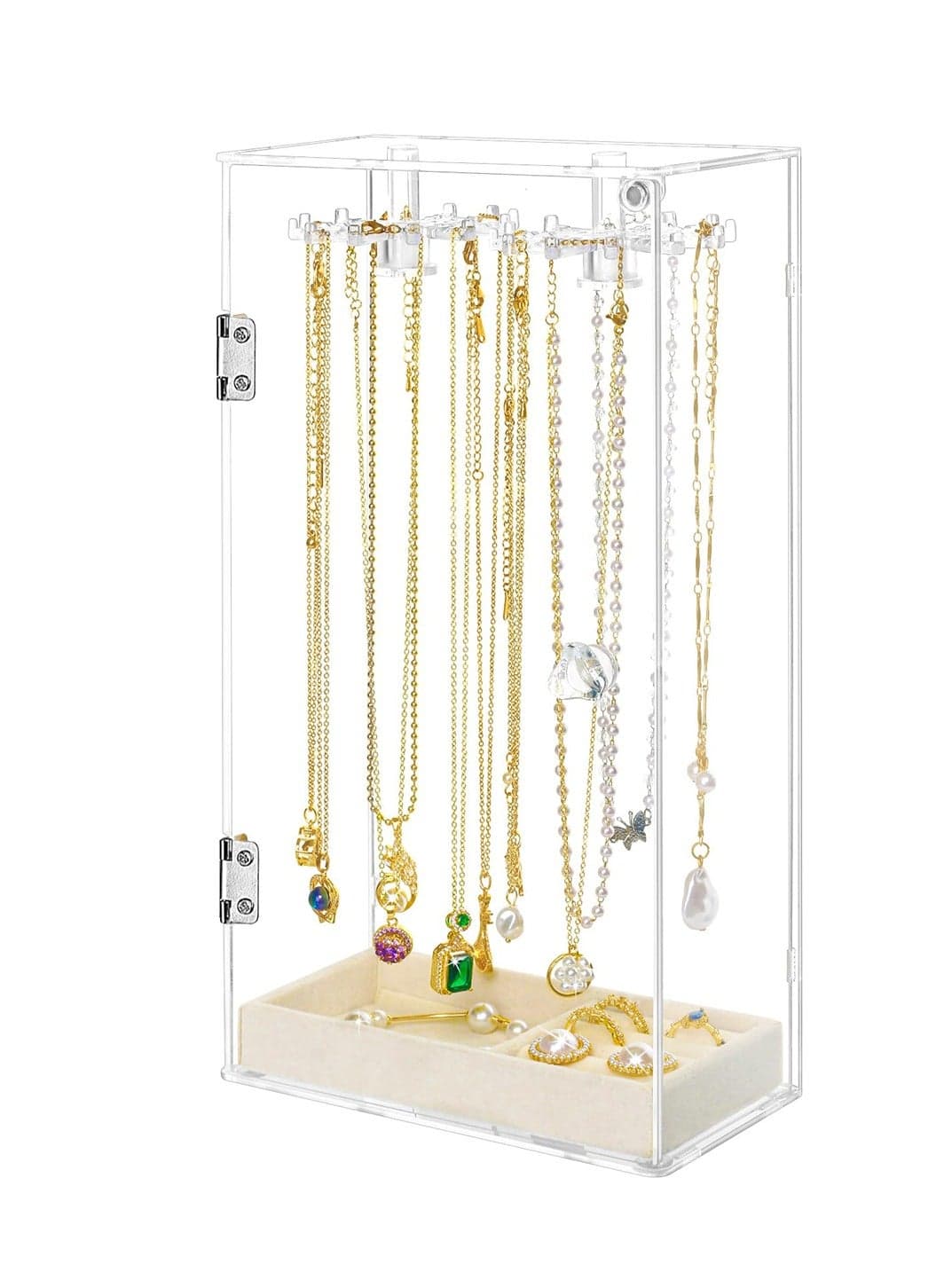 Dustproof Acrylic Necklace Holder Organizer Stand with 24 Hooks and Removable Velvet Tray, Clear Jewelry Storage Display Box for Necklaces, Pendants, Bracelets, Earrings, and Rings