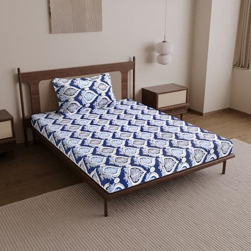 Divine Casa 144 TC 100% Cotton Single Bedsheet with 1 Pillow Cover | Skin-Friendly Fabric for Everyday Comfort | 223 X 145 CM | Floral Pattern | Dazzling Blue